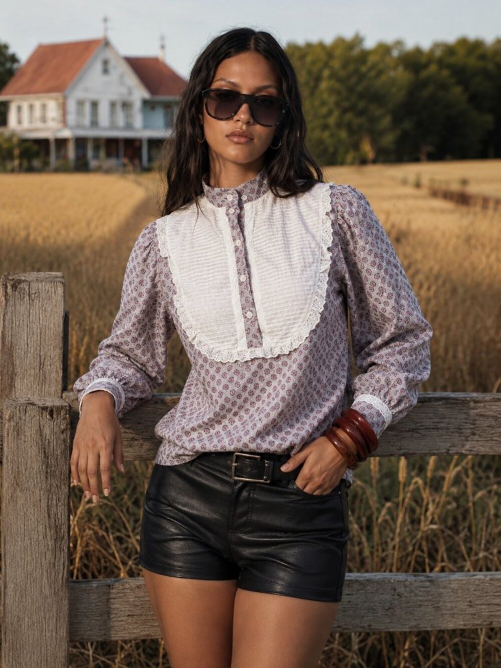 VINTAGE 80s Prior Stage West Prairie Western Shirt M Eyelet Lace Tuxedo Bib